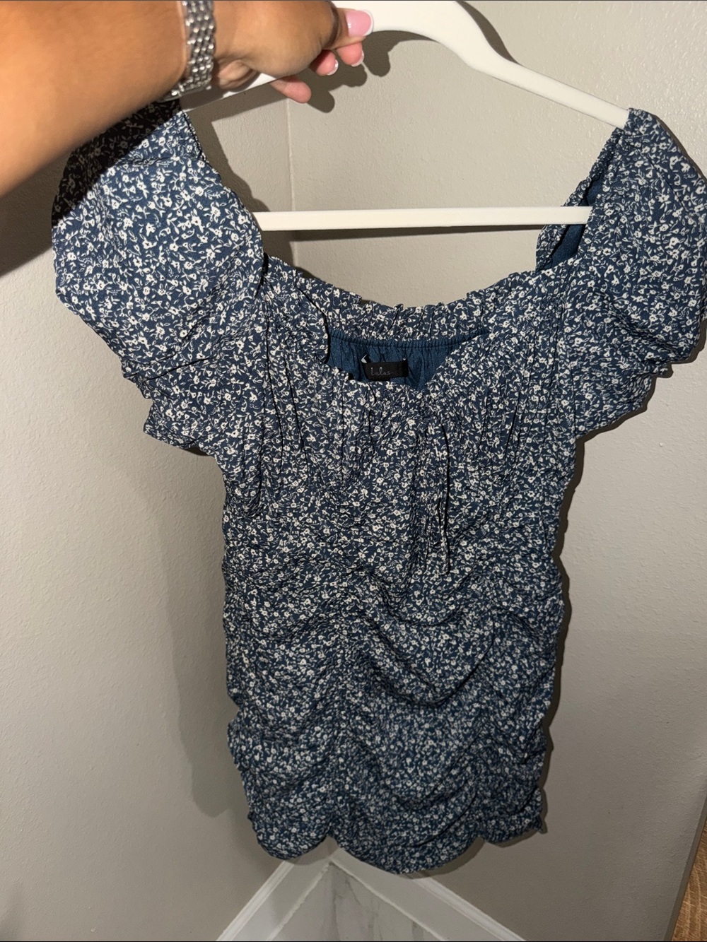 Lulu's Blue Floral Smocked Off-Shoulder Tunic